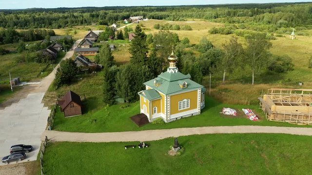 Aerial top view on Holguin convent. Village Volgoverkhovye, Tver region, Russia. Source of the Volga River