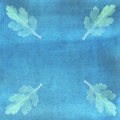 Oak leaves on blue watercolor background. Ornate, card, frame.