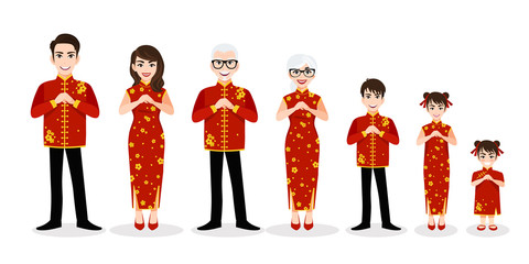 Chinese big family cartoon character greeting in Chinese new year festival on white background vector © titaporn