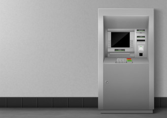 ATM with blank black display. Bank terminal for transaction, withdraw money and deposit to account. Vector illustration of realistic cash machine with copy space for your text.