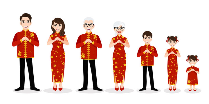Chinese big family cartoon character greeting in Chinese new year festival on white background vector