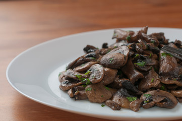 Sauteed champignon mushroom with chopped parsley, macro
