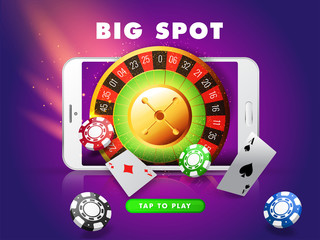 Big Slot in smartphone with roulette wheel, casino chips and playing card on purple lighting effect background for Casino.