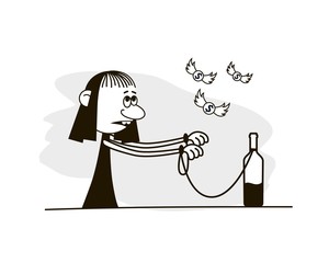 Woman with wine. Alcoholic. Funny vector.