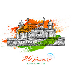Sketching of Indian Monument Red Fort with green and saffron brush stroke effect on white background for 26 January, Republic Day.