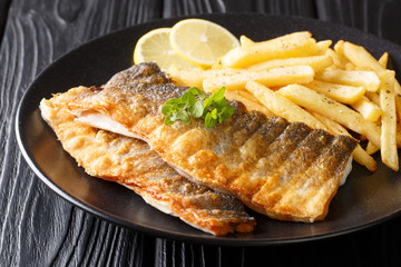 Spicy grilled sea bass fillet with crispy skin with french fries close-up on a plate. horizontal