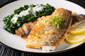Tasty grilled sea bass fillet with spinach and lemon close-up on a plate. horizontal