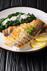 Grilled sea bass fillet with spinach garnish in a creamy sauce closeup on a plate. vertical