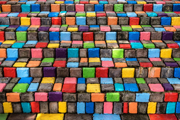 Stacked Multicolor and Colorful cement block stair and corridor for background, Abstract colorful concrete block texture.