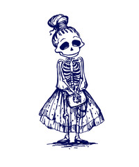Funny skeleton girl character going to date. Memento mory