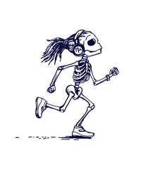 Funny skeleton girl character is jogging. Memento mory