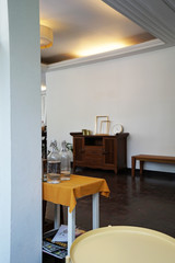 Interior design and decoration of coffee cafe and restaurant -decorated with wooden furniture and parquet flooring