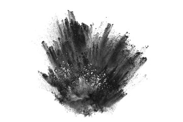 particles of charcoal on white background,abstract powder splatted on white background,Freeze motion of black powder exploding or throwing black powder.