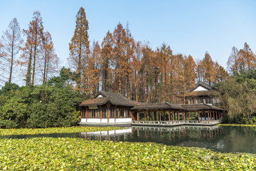 The beautiful landscape scenery of Xihu West Lake and pavilion in autumn at Hangzhou CHINA.