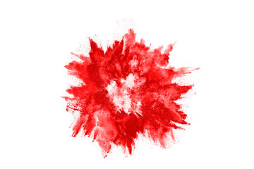 Freeze motion of red powder exploding, isolated on white background. Abstract design of red dust cloud. Particles explosion screen saver, wallpaper