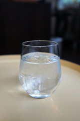 Close up glass of iced spring water