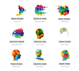 Brain, Creative mind, learning and design icons, logos. Man head, people symbols