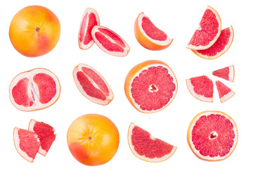 Grapefruit and slices with leaves isolated on white background. Top view. Flat lay pattern