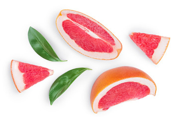 Grapefruit and slices with leaves isolated on white background. Top view. Flat lay pattern