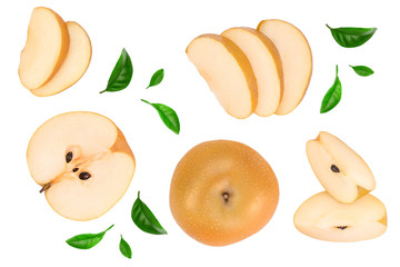 Fresh asian pear isolated on white background. Top view. Flat lay. Set or collection