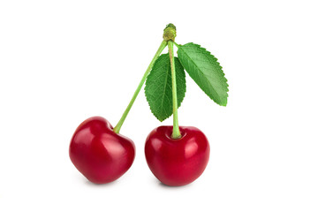 Two cherries with leaf closeup isolated on white background