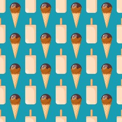 Bright flat seamless pattern with ice cream. Vector geometric hot summer Illustration for local farm market or some handmade icecream with background