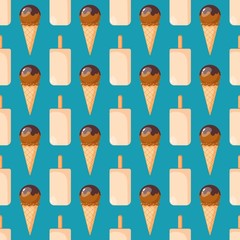 Bright flat seamless pattern with ice cream. Vector geometric hot summer Illustration for local farm market or some handmade icecream with background