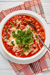 close-up of chicken lasagna soup in a bowl