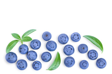 fresh ripe blueberry with leaf isolated on white background with copy space for your text. Top view. Flat lay pattern