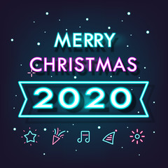 Happy New Year 2020 Shining Neon light background Vector illustration EPS10. Merry Christmas and Happy New Year celebration. Falling snow. Greeting card.