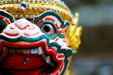 Fototapeta na wymiar head of hanuman doll during traditional performance in buddhist temple -Thailand