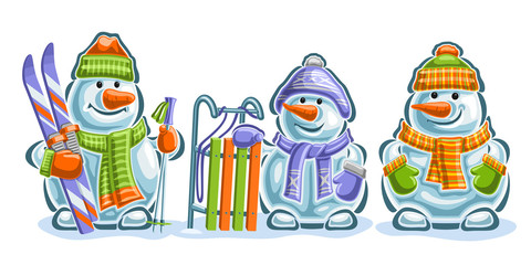 Vector set of cute Snowmans, 3 cut out blue smiling snowmans with carrot noses, sled and sport skis in green and orange mittens, knitted scarves and colorful modern hats on white background.