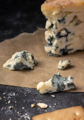 Slice and pieces of Gorgonzola cheese on paper closeup