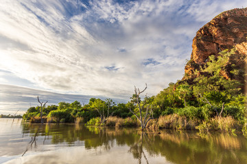 Landscape views of Elephant Rock on Lake Kununurra on the Kimberley of Australia. The rock features indigenous art galleries.