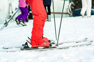 Sport set of skis, boots and sticks in red on woman's leg close up.