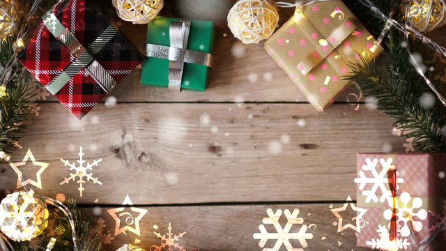 Christmas decoration on wooden table , snowflakes falling and copy space for celebration , new year , thanksgiving concept background