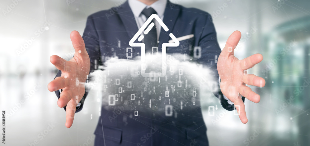 Poster businessman holding a binary cloud with upload internet arrow 3d rendering