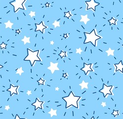 White stars, seamless pattern, vector. Contour, shining stars with rays on a light blue field. Imitation of a freehand drawing.  