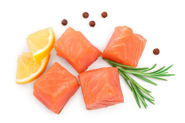 Slice of red fish salmon with rosemary and lemon isolated on white background. Top view. Flat lay
