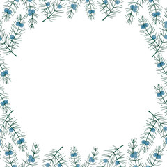 Fototapeta na wymiar Juniper branches with berries, hand-drawn on paper. Greenery watercolor. Round frame for your projects: invitations, labels, booklets, advertising, printing.