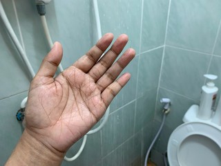 the woman's hair that has fallen on the palm after washing hair in the bathroom