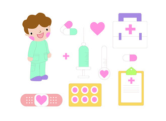 Health care and medicine elements set in cartoon style. Vector doodle illustration.