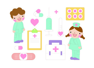 Health care and medicine elements set in cartoon style. Vector doodle illustration