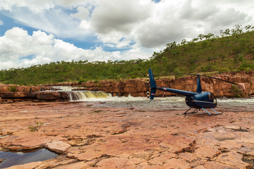Landscape view of the cascades above the waterfall on the DeLancourte River in the remote Kimberley Region of Western Australia in the Wet Season