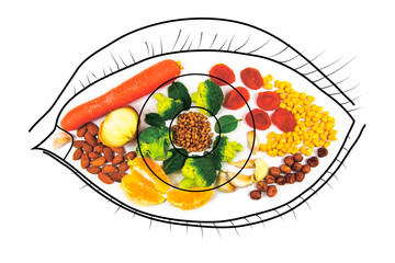 Food for eye health. Healthy food. Carrots, dried apricots, garlic, broccoli, nuts.