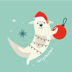 Christmas vintage card with cute holiday otter.