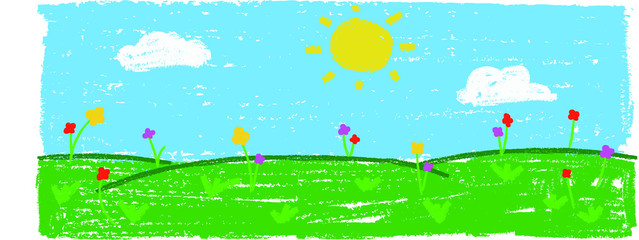 Wax crayon kid`s hand drawn grass hills with blue sky ,child`s drawn flowers set. kid`s painting spring and summer meadow. Vector pastel chalk background banner. - 302853356