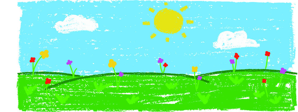 Wax crayon kid`s hand drawn grass hills with blue sky ,child`s drawn flowers set. kid`s painting spring and summer meadow. Vector pastel chalk background banner.