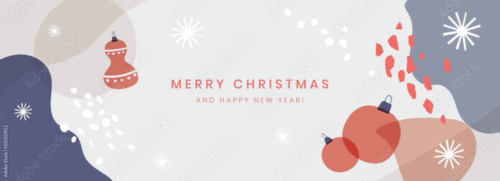 Poster christmas horizontal banner. winter abstract pattern and christmas decorations. chaotic spots with n