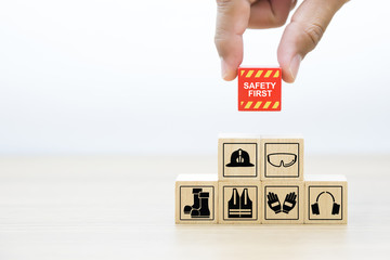 Fire and safety icons on wood block Stacking.